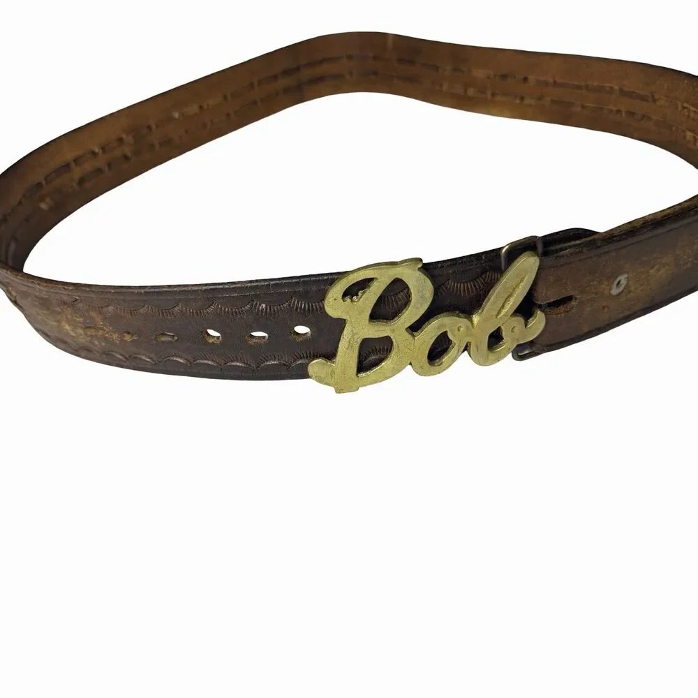BOB Belt Buckle Brass Leather Belt Men's Size 36 Gabco Made in Hong Kong Vintage